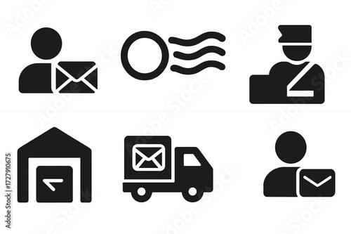 Mail Journey Icons. Solid, filled icon set of mail journey: sender, postmark, transit stamp, customs, delivery hub, sorting center, delivery truck, recipient.