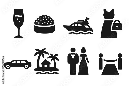 Luxury Lifestyle Icons. Solid, filled icon set of wealth luxury lifestyle: champagne glass, caviar, luxury yacht, designer clothes, limousine, private island,