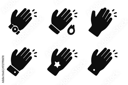 Clapping Hand Accessories Icons. Solid, filled icon set of clapping hand accessories: wristwatch, bracelet, ring, glove, sleeve cuff, tattoo, nail polish,