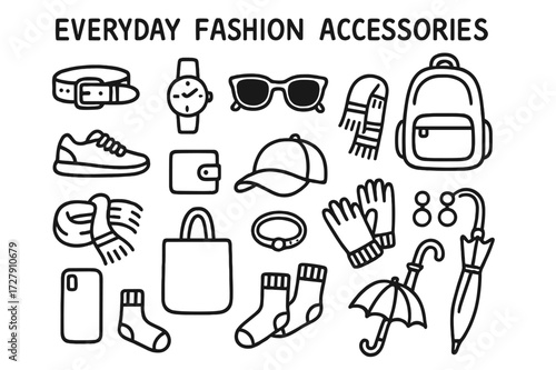 Everyday Fashion Doodles. Hand-drawn doodle illustration Everyday fashion accessories [belt, watch, sunglasses, backpack, sneakers, wallet, cap, scarf, gloves,