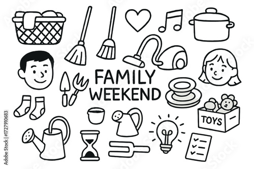Family Chores and Fun. Hand-drawn doodle illustration [family weekend chores and fun] [laundry basket, broom, vacuum, cooking pot, heart, music note, garden