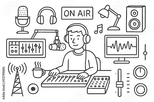 Radio Studio Doodles. Hand-drawn doodle illustration [radio broadcast studio] microphone, control board, headphones, radio host, waveform screen, ?on air?