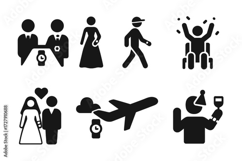 Watch Occasion Icons. Solid, filled icon set of watch wearing occasions: business meeting, gala event, casual outing, sports event, wedding, travel, daily