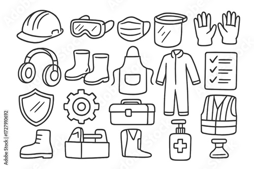 PPE Doodle Icons. Hand-drawn doodle illustration [PPE (Personal Protective Equipment)] [helmet, goggles, mask, face shield, gloves, ear protection, safety