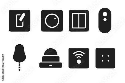 Light Switch Icons. Solid, filled icon set of light switches and controls: toggle switch, dimmer knob, wall panel, remote control, pull chain, motion sensor,