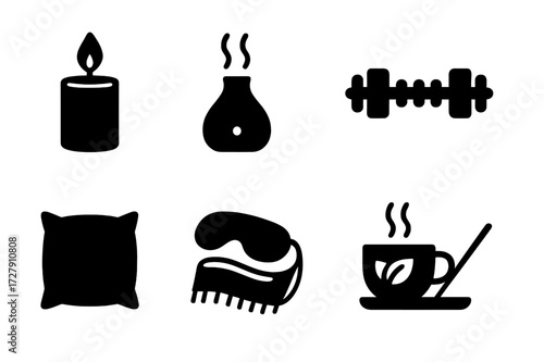 Wellness Tools Icons. Solid, filled icon set of wellness relaxation tools: candle, essential oil diffuser, massage roller, eye mask, soft pillow, cozy blanket,