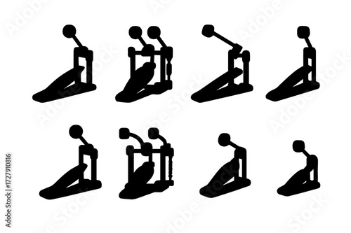 Kick Pedal Icons. Solid, filled icon set of kick pedal types: single kick pedal, double kick pedal, chain drive pedal, direct drive pedal, belt drive pedal,