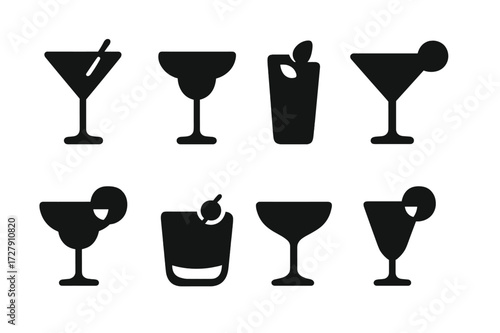 Cocktail Icon Grid. Solid, filled icon set of shaker cocktail types: martini, margarita, mojito, cosmopolitan, daiquiri, whiskey sour, sidecar, gimlet. Solid,