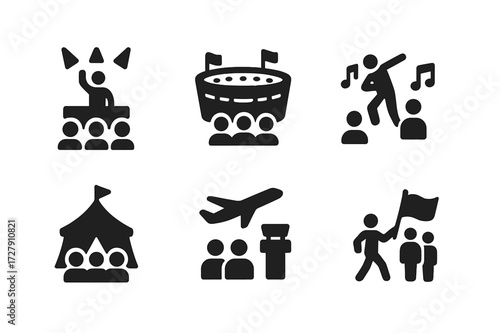 Loud Environment Icons. Solid, filled icon set of loud environments: concert, stadium, nightclub, construction site, airport, festival, rally, parade. Solid,