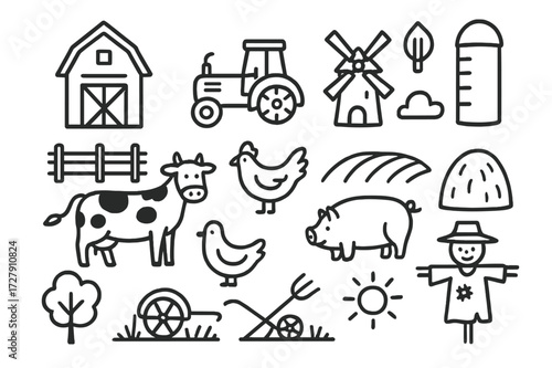Minimalist Rural Doodles. Hand-drawn doodle illustration Minimalist rural landscapes with traditional farming Barn, tractor, windmill, silo, fence, cow,