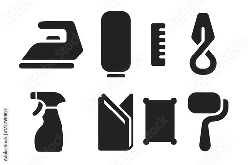 Napkin Folding Tools Icons. Solid, filled icon set of napkin folding tools: flat iron, folding board, measuring ruler, tucking clip, spray bottle, fold guide,