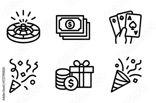 Roulette Winnings Icons. Outline icon set of roulette winnings: jackpot, money stack, coins, trophy, winning hand, confetti, cash prize, celebration. Line