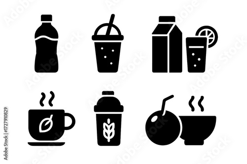 Nourishment Drink Icons. Solid, filled icon set of nourishment drinks: water, smoothie, milk, juice, herbal tea, protein shake, coconut water, soup. Solid,