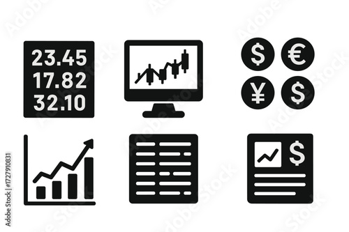 Currency Market Icons. Solid, filled icon set of currency markets: stock ticker, forex chart, currency pairs, trading floor, market graph, exchange board,