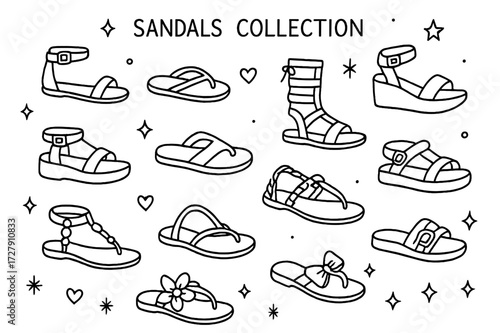 Sandals Doodle Collection. Hand-drawn doodle illustration Sandals Collection [flat sandal, flip flop, gladiator sandal, wedge heel, platform sandal, slide