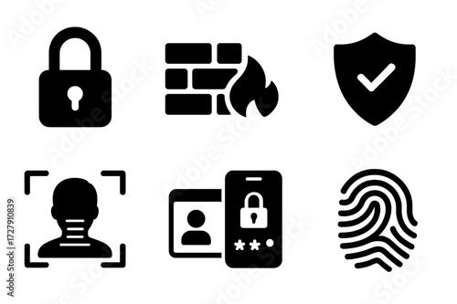 Blockchain Security Icons. Solid, filled icon set of blockchain security: padlock, firewall, encryption key, shield, biometric scan, secure login, two-factor