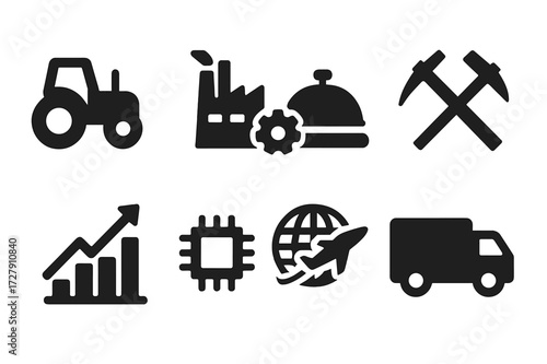 Economic Sector Icons. Solid, filled icon set of economic sectors: agriculture tractor, factory gear, service bell, mining pickaxe, finance bar chart, tech