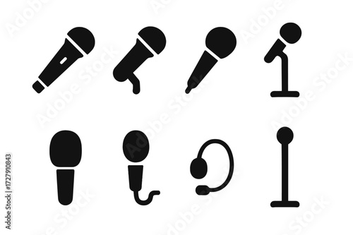 Microphone Icon Set. Solid, filled icon set of live performance microphones: wireless mic, stage mic, vocal mic, mic on stand, mic with windscreen, backup mic,