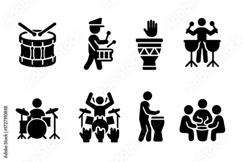 Musical Drum Icons. Solid, filled icon set of tom-tom history and culture: vintage drum, marching parade, tribal drum, orchestral percussion, jazz band, rock