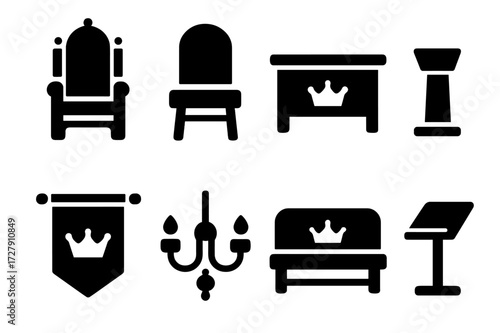Throne Room Icons. Solid, filled icon set of throne room furniture: throne chair, side chairs, royal table, podium, tapestries, chandeliers, royal bench,