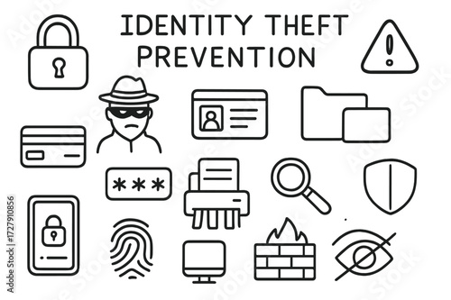 Identity Theft Protection Icons. Hand-drawn doodle illustration [identity theft prevention] [padlock, masked figure, alert symbol, credit card, ID card,