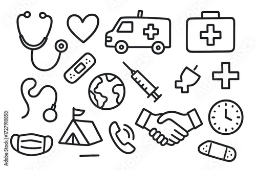 Medical Doodle Icons. Hand-drawn doodle illustration Emergency medical response stethoscope, heart, ambulance, medical kit, cross symbol, Red Cross symbol,