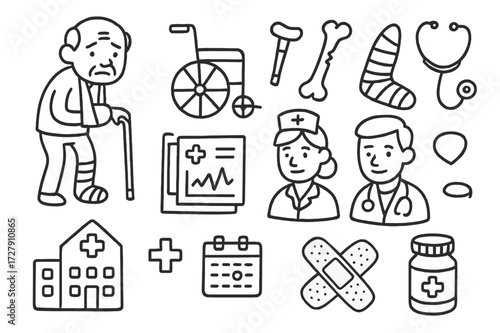 Elderly Care Doodle Icons. Hand-drawn doodle illustration elderly fracture walking stick, wheelchair, crutch, bone, plaster, chart, nurse, doctor, stethoscope,