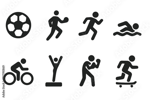 Dynamic Sports Icons. Solid, filled icon set of dynamic sports: soccer ball, basketball player, runner, swimmer, cyclist, gymnast, boxer, skateboarder. Solid,