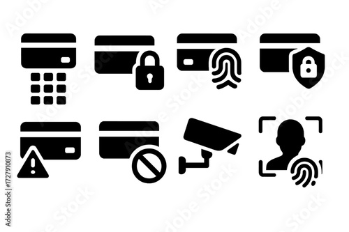 Debit Card Security Icons. Solid, filled icon set of debit card security: PIN pad, lock, fingerprint scanner, encryption, fraud alert, card block, CCTV camera,