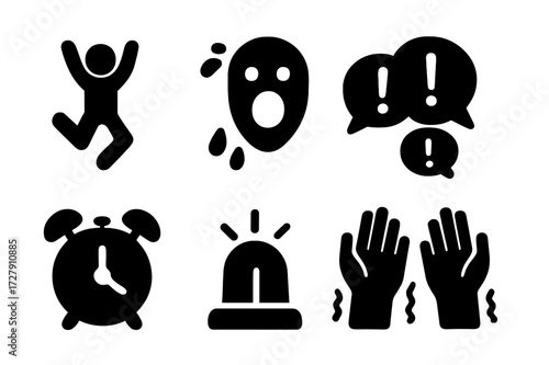 Panic Reaction Icons. Solid, filled icon set of panic reaction: jumping person, open mouth scream, sweat drops, heart beat, exclamation bubbles, alarm clock,