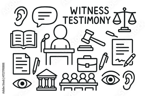Courtroom Doodle Icons. Hand-drawn doodle illustration witness testimony witness stand, microphone, speech bubble, person figure, book, gavel,