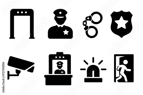 Court Security Icons. Solid, filled icon set of court security: metal detector, security guard, handcuffs, police badge, surveillance camera,