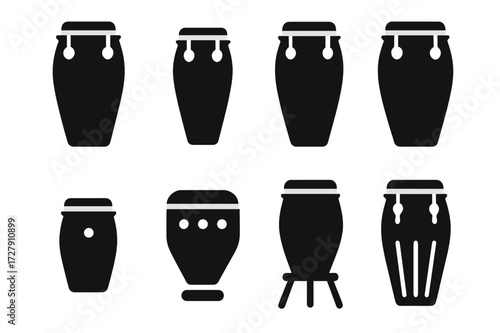 Conga Drum Icon Set. Solid, filled icon set of conga drum types: tumba, quinto, conga, super tumba, mini conga, electronic conga pad, jazz conga, traditional