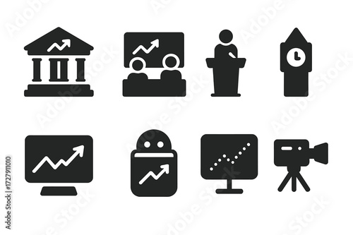 Stock Exchange Icons. Solid, filled icon set of stock exchange buildings: stock exchange building, trading floor, podium, clock tower, stock board, ticker tape