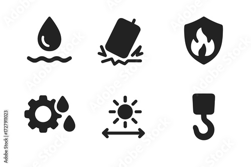 Durability Icon Set. Solid, filled icon set of durability features: waterproof, shockproof, fire resistant, scratch resistant, rustproof, UV resistant,