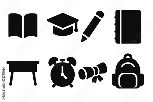 Student Duty Icons. Solid, filled icon set of student duty: book, graduation cap, pencil, notebook, desk, alarm clock, diploma, backpack. Solid, filled icons