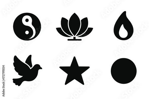 Purification Symbol Icons. Solid, filled icon set of purification symbols: yin yang, lotus, water droplet, flame, dove, leaf, star, circle. [Line icons in only