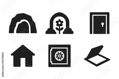 Secret Location Icons. Solid, filled icon set of secret locations: hidden cave, underground tunnel, secret garden, locked room, safe house, vault door, hidden
