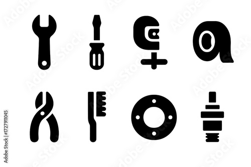 Tap Maintenance Icons. Solid, filled icon set of tap maintenance tools: wrench, screwdriver, pipe cutter, sealant tape, pliers, cleaning brush, gasket,