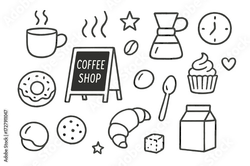 Coffee Shop Doodles. Hand-drawn doodle illustration Coffee shop vibes [coffee mug, steam lines, coffee pot, coffee bean, cupcake, donut, cookie, croissant,