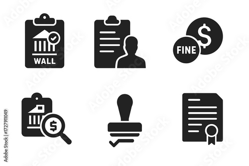 Wall Street Regulation Icons. Solid, filled icon set of Wall Street regulation: compliance, audit, legal scales, fine, investigation, approval stamp, report,