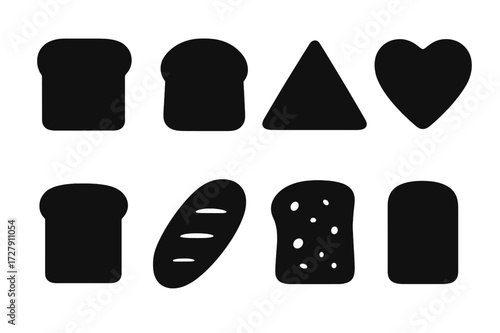 Various Toast Icons. Solid, filled icon set of toast shapes: square toast, round toast, triangular toast, heart-shaped toast, star-shaped toast, rectangular