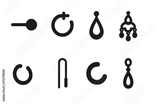 Earring Icon Collection. Solid, filled icon set of earring types: stud earring, hoop earring, drop earring, chandelier earring, huggie earring, threader