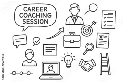 Career Coaching Icons. Hand-drawn doodle illustration [career coaching session] [speech bubble, checklist, mentor icon, notebook, upward arrow, briefcase,
