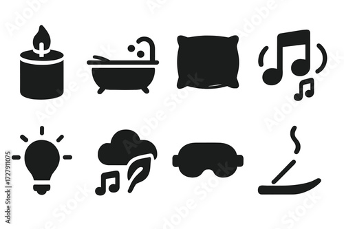 Therapy Relaxation Icons. Solid, filled icon set of therapy relaxation: scented candle, hot bath, soft pillow, calming music, gentle light, nature sounds, eye