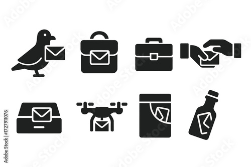 Secret Note Icons. Solid, filled icon set of secret note delivery methods: pigeon, courier bag, briefcase, handoff, secret compartment, drone, hidden pocket,