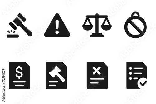 Compliance Icons Set. Solid, filled icon set of compliance enforcement: penalty, warning sign, legal scales, suspension, fine, court order, revocation,