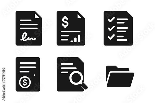 Financial Document Icons. Solid, filled icon set of financial planner documentation: contract, invoice, report, checklist, financial statement, audit file,