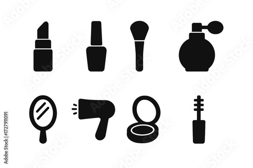 Beauty Icon Set. Solid, filled icon set of beauty: lipstick, nail polish, makeup brush, perfume bottle, mirror, hair dryer, compact powder, mascara. Solid,