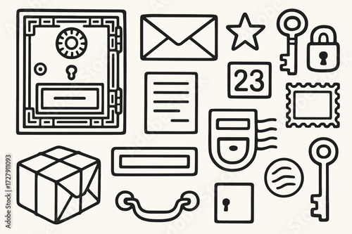 Vintage Postal Doodle. Hand-drawn doodle illustration Vintage PO box door ornate keyhole, lock, envelope, package, star, letter, number plate, stamp, drawer